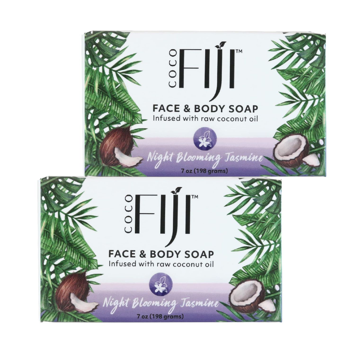 &quot;Coco Fiji Soap Bar for Face and Body Infused With Organic Coconut Oil, Night Blooming Jasmine Essential Oil, Natural Soap for Moisturizing &amp; Pore Purifying Skin, 7 oz, Pack Of 2 &quot;