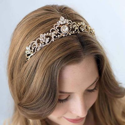 Leiothrix FDesigner Bride Crown Wedding Hair Accessories Bridal Crystal Tiaras Princess Prom Hair Decorations for Women and Girls (Gold)