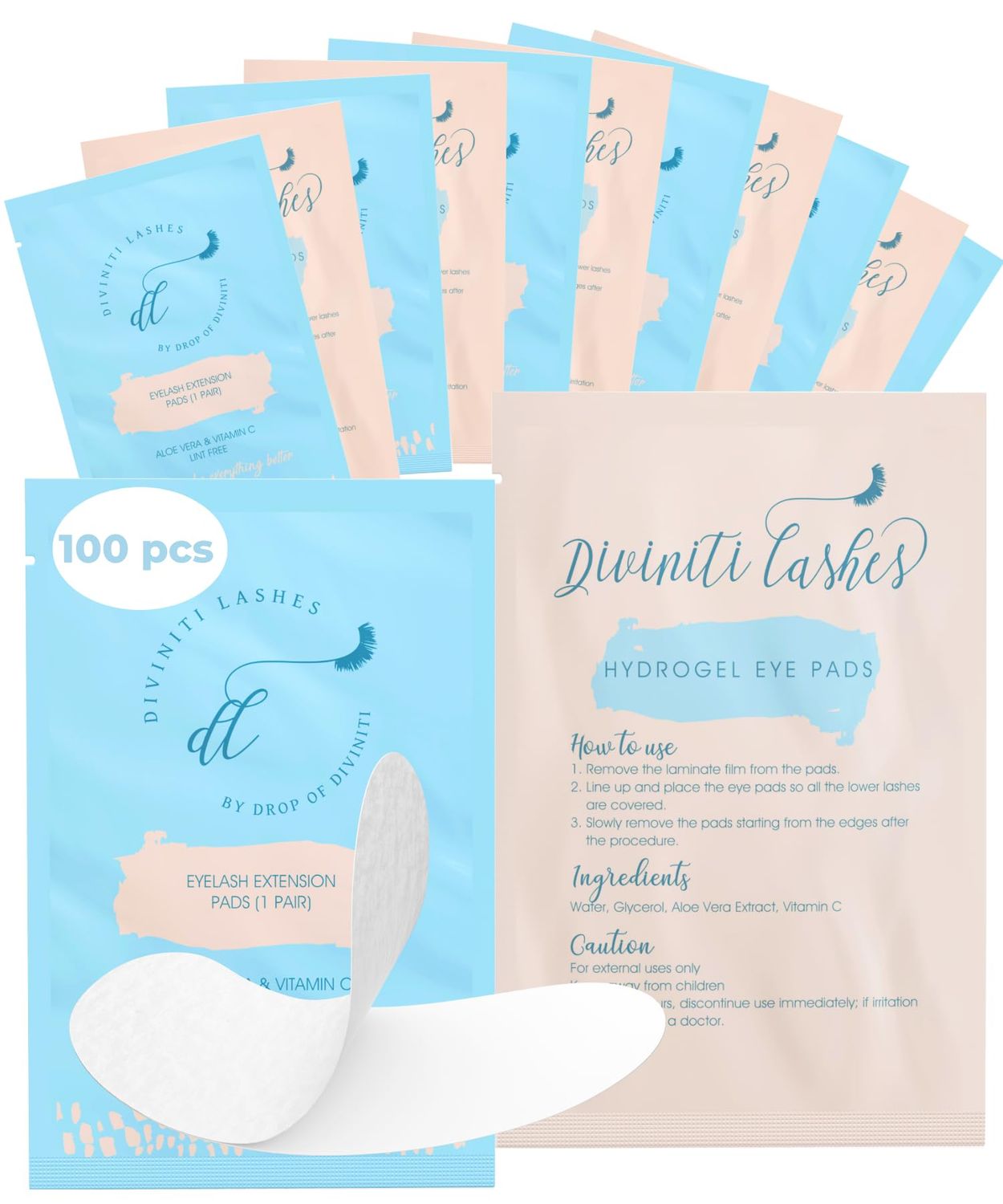 100 Pairs Under Eye Gel Pads Lash Extensions - Lash Supplies for Eyelash Extension Supplies - Hydrogel Under Eye Patches for Lash Extensions, Aloe Vera, Lint Free, Parches Para Pestaas - DiviniTi