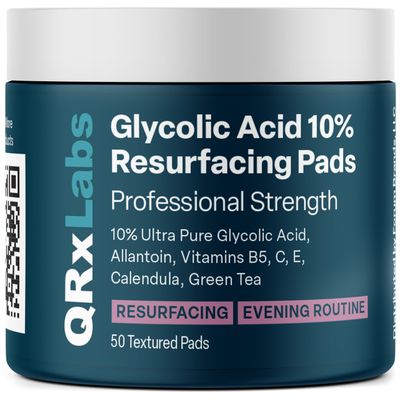 QRxLabs Glycolic Acid 10% Wrinkle Control Pads for Face &amp; Body - 10% Glycolic Acid, Allantoin, Vitamins B5, C &amp; E, Calendula &amp; Green Tea Extract - Face Pads for Smooth Skin - Prevents Wrinkles &amp; Lines