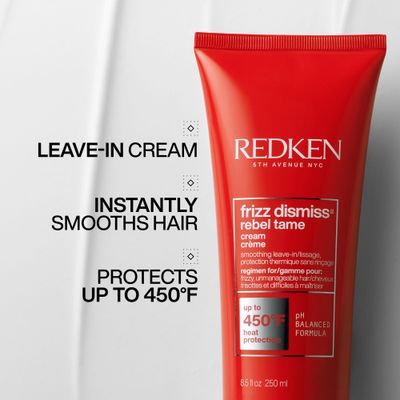Redken Frizz Dismiss Rebel Tame Leave-In Cream, Heat Protection to 450F, Controls Frizz &amp; Humidity, Smooths Hair, Sulfate Free, 8.05oz