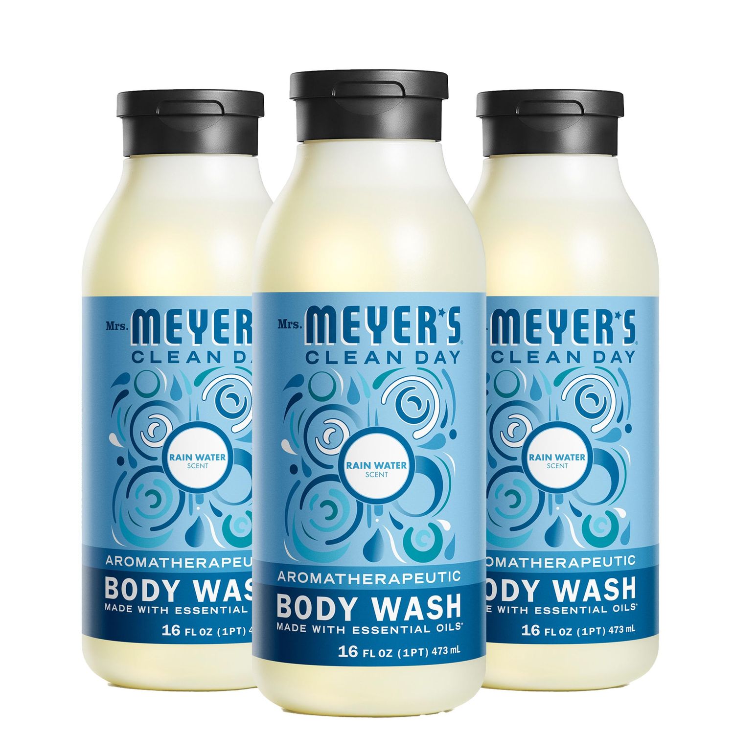 MRS. MEYER&#39;S CLEAN DAY Moisturizing Body Wash for Women and Men, Biodegradable Shower Gel Formula Made with Essential Oils, Rain Water, 16 oz Bottle, Pack of 3