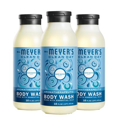 MRS. MEYER&#39;S CLEAN DAY Moisturizing Body Wash for Women and Men, Biodegradable Shower Gel Formula Made with Essential Oils, Rain Water, 16 oz Bottle, Pack of 3