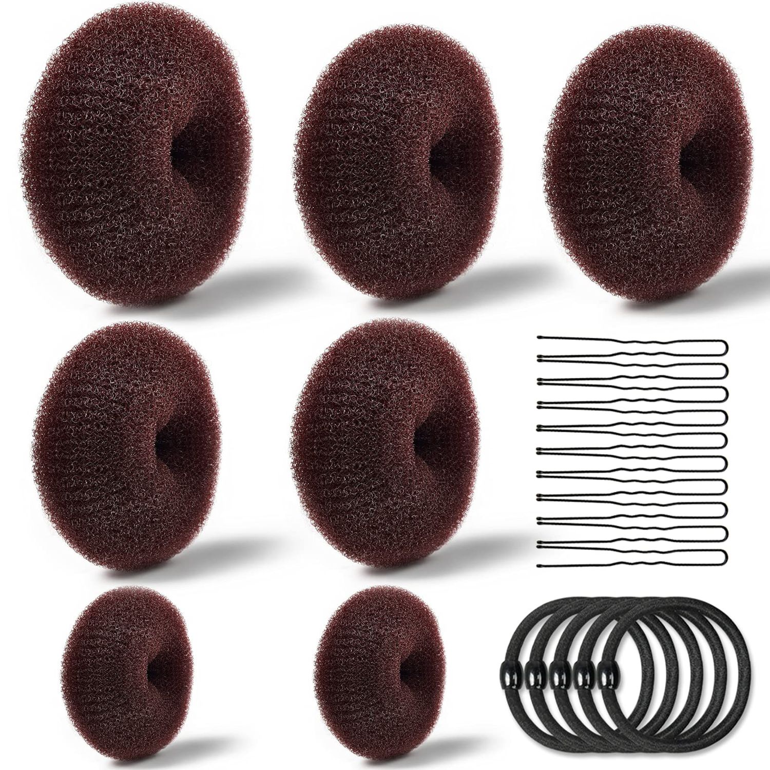 TsMADDTs Hair Bun Maker, 7PCS Dount Bun Maker for Long Hair Ring Style, 5PCS Elastic Bands and 20PCS U Shaped Pins Dark Brown for Ballet Styling