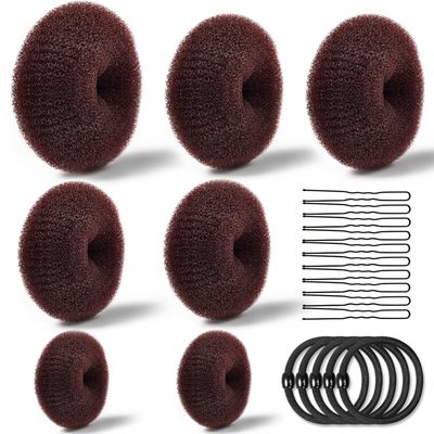 TsMADDTs Hair Bun Maker, 7PCS Dount Bun Maker for Long Hair Ring Style, 5PCS Elastic Bands and 20PCS U Shaped Pins Dark Brown for Ballet Styling