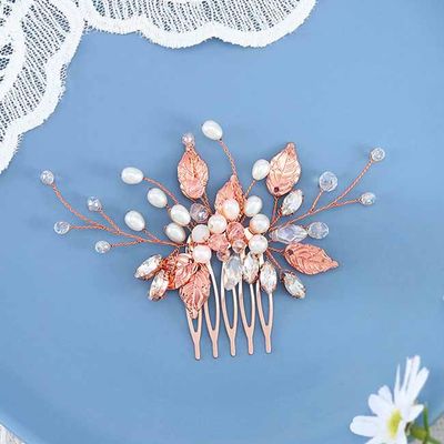 YBSHIN Bride Wedding Pearl Hair Comb Rose Gold Leaf Hair Piece Rhinestone Bridal Hair Accessories for Women and Girls