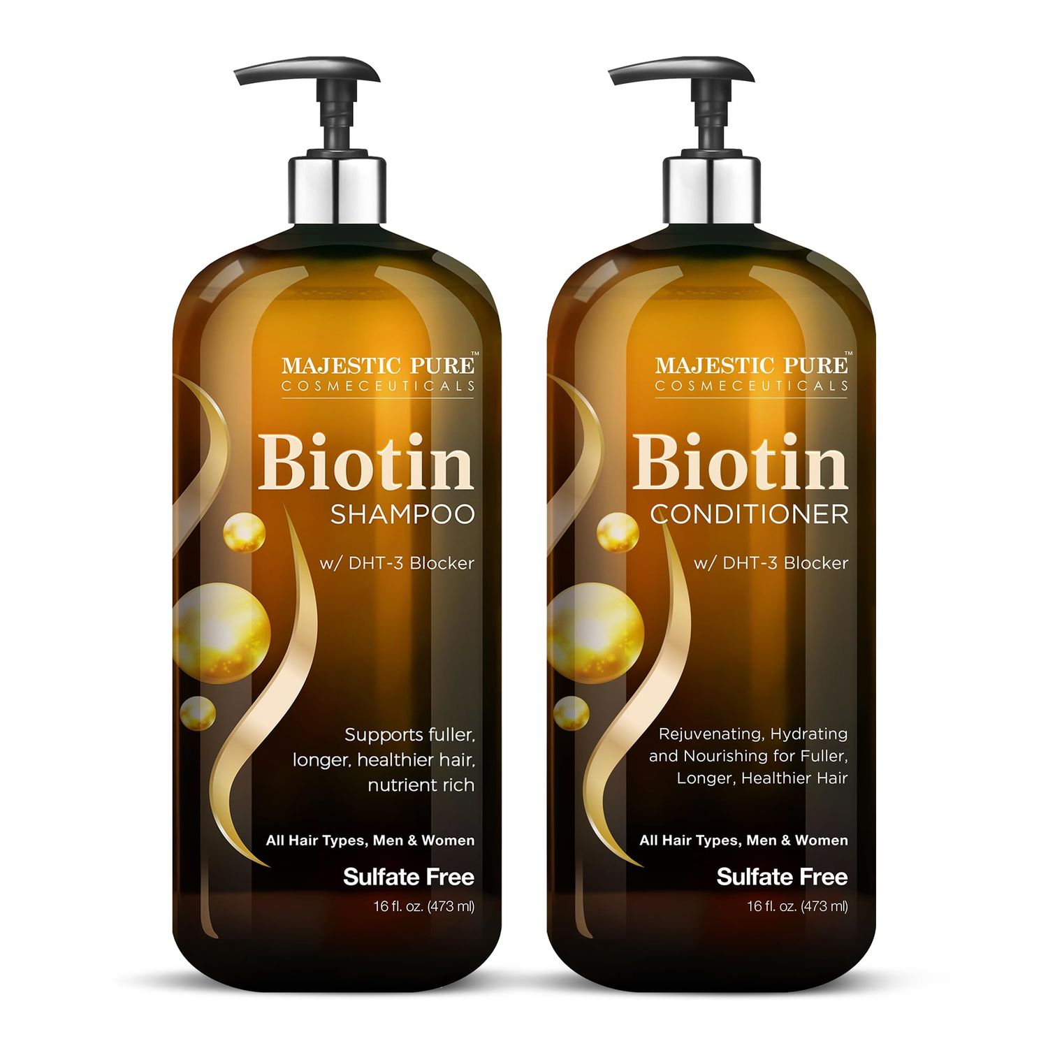 MAJESTIC PURE Biotin Shampoo and Conditioner Set with DHT Blocker Complex - Hydrating, Nourishing &amp; Supporting Healthy Hair, Sulfate Free, for Men &amp; Women - 16 fl oz each