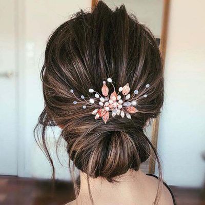 YBSHIN Bride Wedding Pearl Hair Comb Rose Gold Leaf Hair Piece Rhinestone Bridal Hair Accessories for Women and Girls