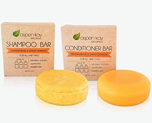 Shampoo and Conditioner Solid Bars Set - Lemongrass &amp; Sweet Orange. Organic Ingredients, All Hair Types, Sulfate-Free, Cruelty Free &amp; Vegan. One 3 ounce bar and one 2.3 ounce bar.