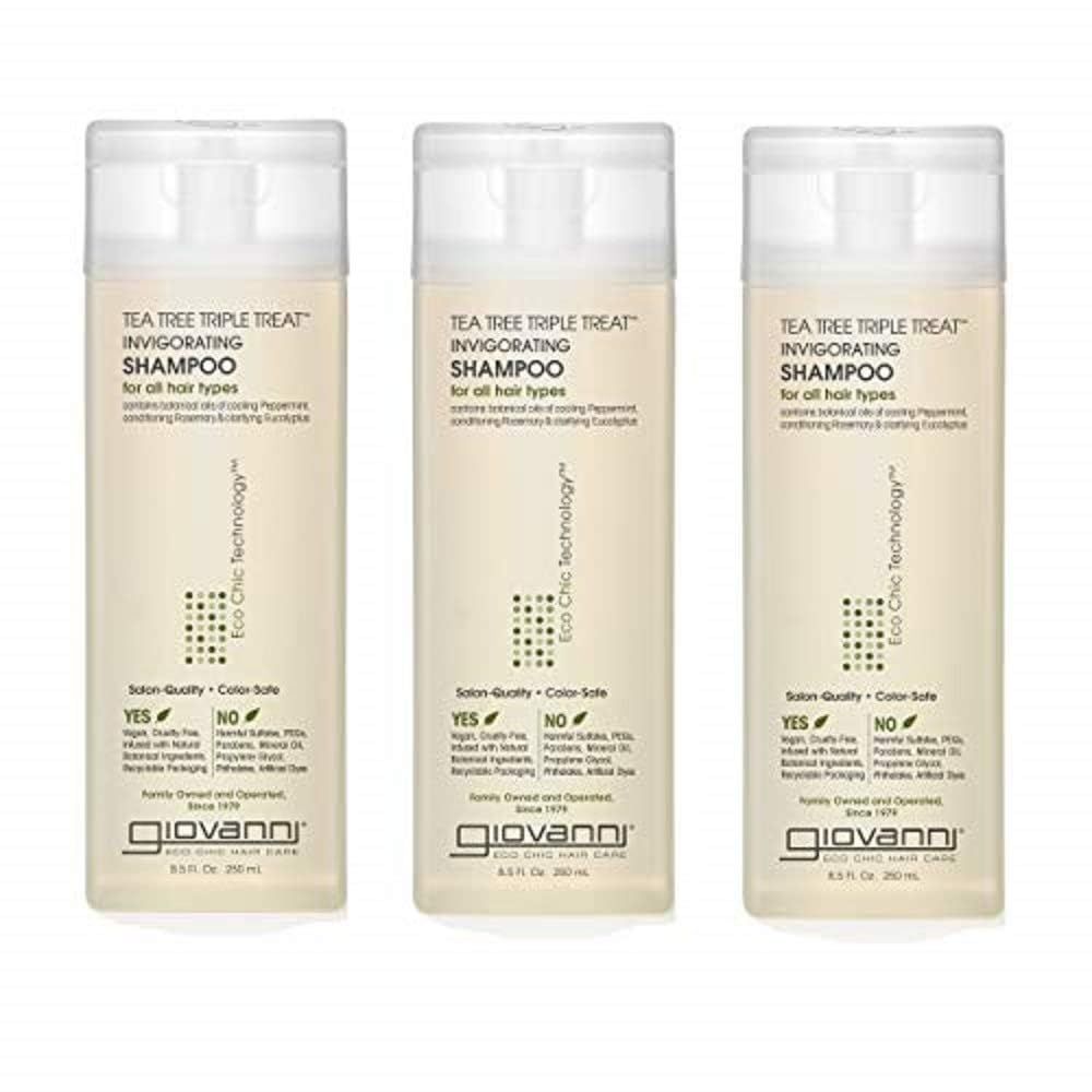 GIOVANNI Tea Tree Triple Treat Invigorating Shampoo - Cooling Peppermint, Eucalyptus &amp; Rosemary, Strengthen &amp; Rejuvenate Hair &amp; Scalp, Salon Quality, Paraben Free, Tea Tree Shampoo - 8.5 oz (3 Pack)