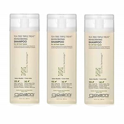 GIOVANNI Tea Tree Triple Treat Invigorating Shampoo - Cooling Peppermint, Eucalyptus &amp; Rosemary, Strengthen &amp; Rejuvenate Hair &amp; Scalp, Salon Quality, Paraben Free, Tea Tree Shampoo - 8.5 oz (3 Pack)