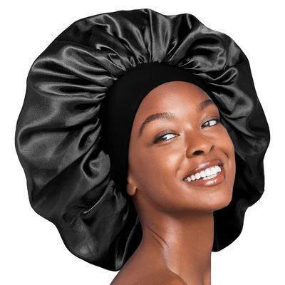 Red by Kiss Reversible Silky Satin Hair Cap Hair Bonnet with Wide Edge Double Wear Cap, Super Jumbo (Black)