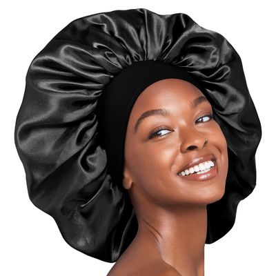 Red by Kiss Reversible Silky Satin Hair Cap Hair Bonnet with Wide Edge Double Wear Cap, Super Jumbo (Black)