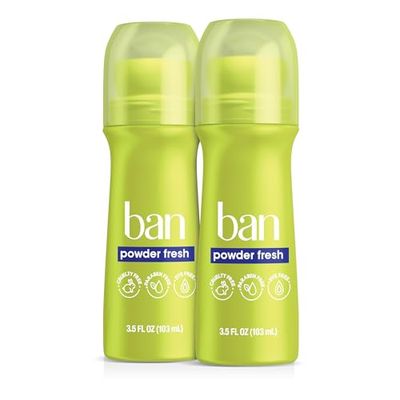 Ban Invisible Roll-on Antiperspirant Deodorant for Women and Men, 24-hour Underarm Odor &amp; Sweat Protection, Powder Fresh, 3.5 Oz, Pack of 2
