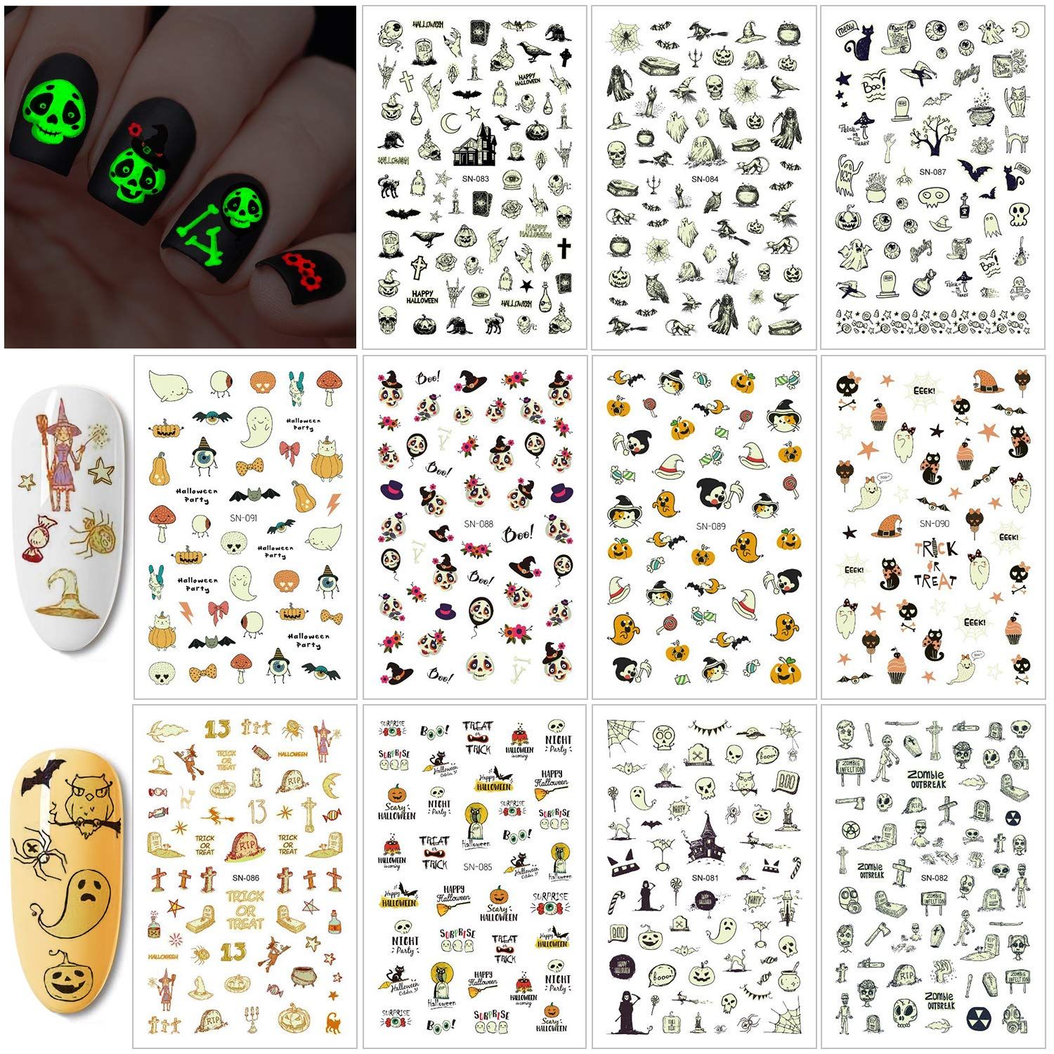 Konsait 450+pcs Glow in The Dark Halloween Nail Sticker Peel and Halloween Self-Adhesive Nail Decals, Pumpkin Monster Nail Art for Kids Halloween Party Supplies Trick or Treat Party Bag Fillers