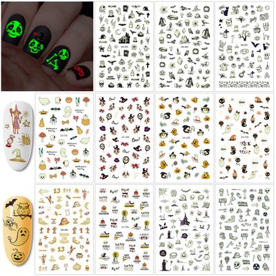 Konsait 450+pcs Glow in The Dark Halloween Nail Sticker Peel and Halloween Self-Adhesive Nail Decals, Pumpkin Monster Nail Art for Kids Halloween Party Supplies Trick or Treat Party Bag Fillers