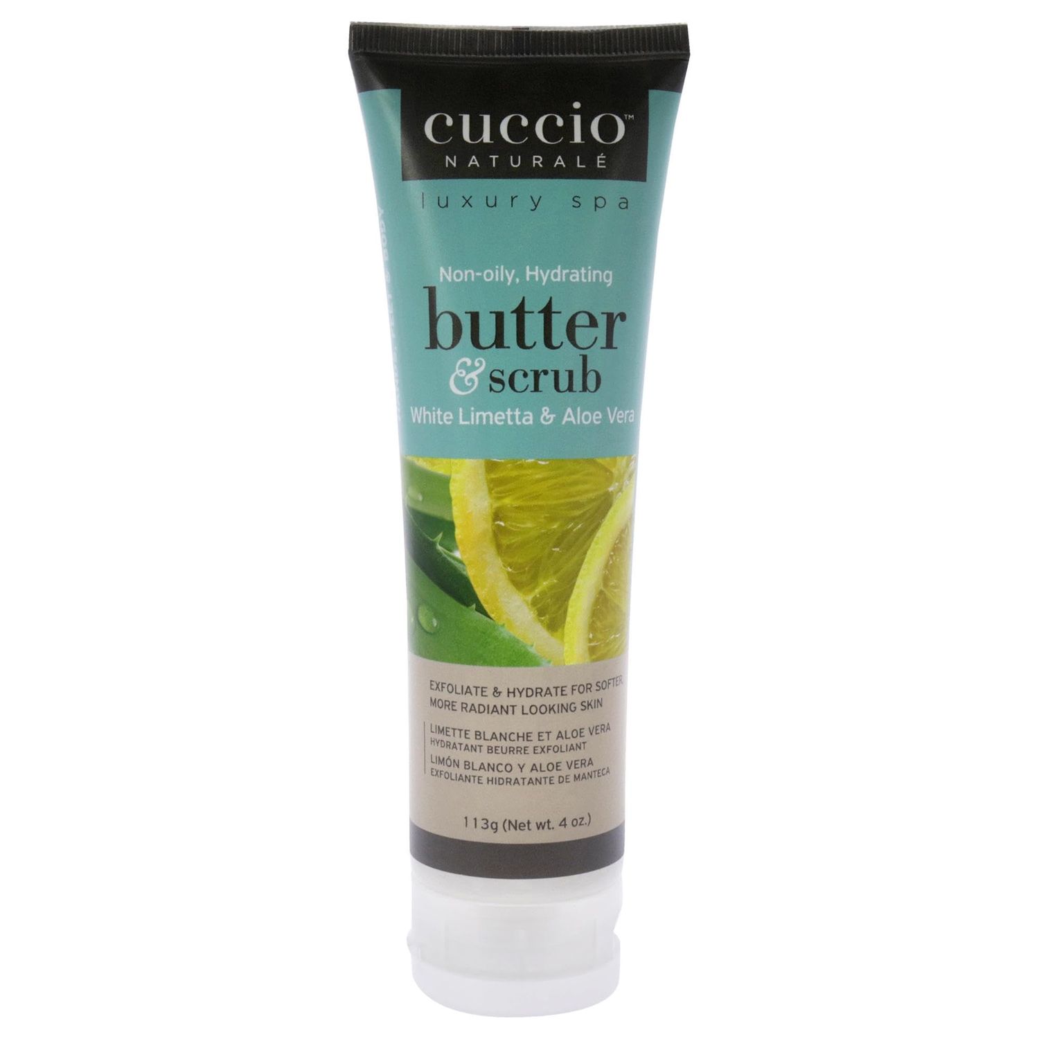 Cuccio Naturale Butter Scrub - Exfoliates And Hydrates - For Softer, Radiant Looking Skin - Infuses Moisture Into Dry Skin - Non-Oily 24 Hour Hydration - Creamy - White Limetta And Aloe Vera - 4 Oz