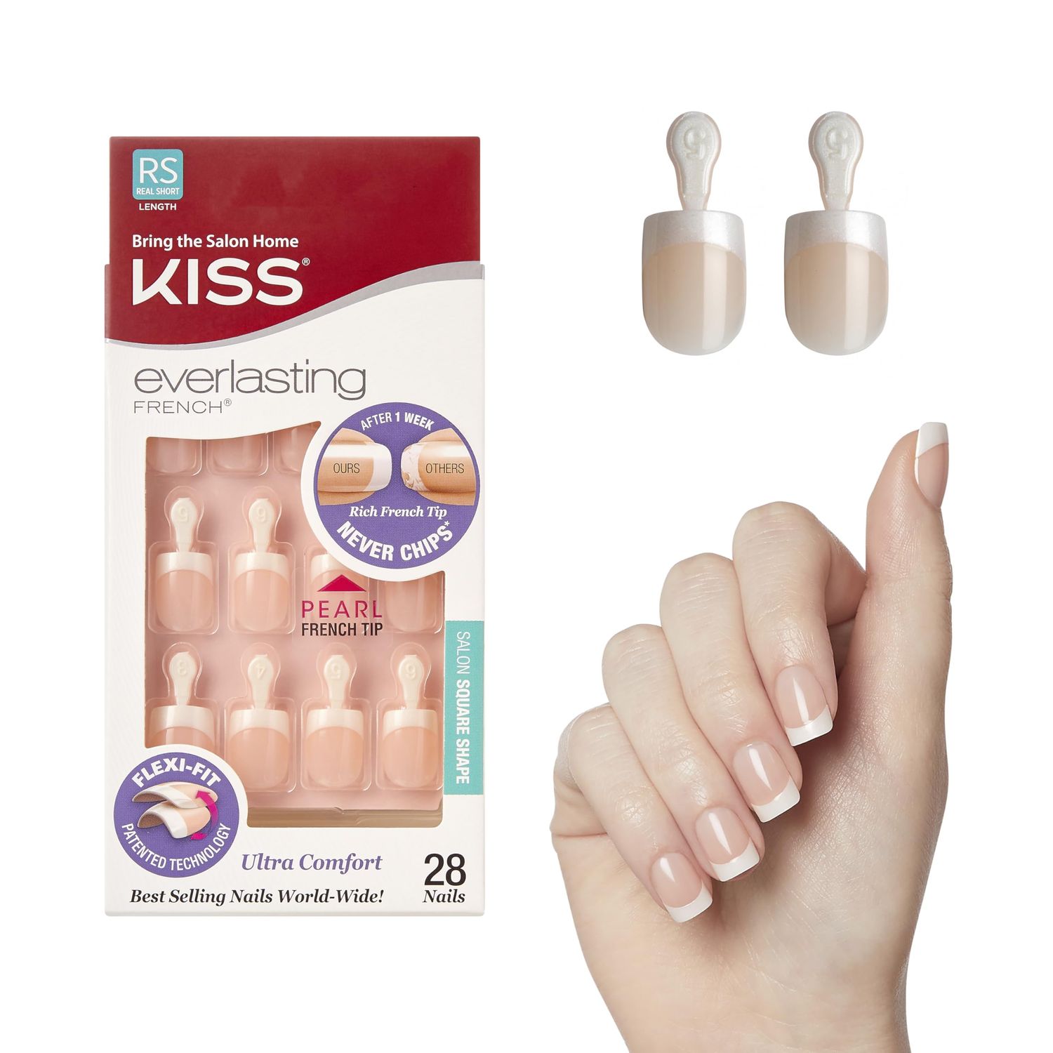 Kiss Everlasting French Nail Manicure, Chip-Free, Flexi-Fit Technology, Real Short, &quot;String of Pearls&quot;, Nail Kit with Pink Nail Glue (Net Wt. 2g / 0.07oz), Mini File, Manicure Stick, and 28 Fake Nails