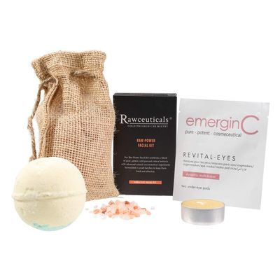 emerginC at-Home Luxury Spa Kit, Rawceuticals - 5-Piece Skincare + Self Care Set - Raw Power Facial Kit, Revital-Eyes Mask, Essential Oil Bath Bomb, Himalayan Bath Salts + Beeswax Candle