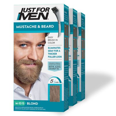 Just For Men Mustache &amp; Beard, Beard Dye for Men with Brush Included for Easy Application, With Biotin Aloe and Coconut Oil for Healthy Facial Hair - Blond, M-10/15, Pack of 3