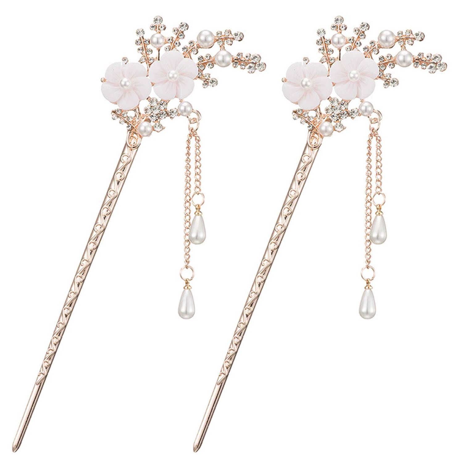 2 Pcs Rhinestone Pearl Flower Hair Stick Chinese Hair Chopsticks Vintage Tassel Hair Pin Chignon Pin Chopsticks Hair Styling Hair Making Accessories for Women (White)1