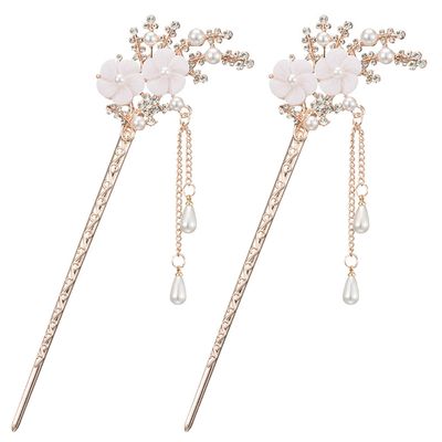 2 Pcs Rhinestone Pearl Flower Hair Stick Chinese Hair Chopsticks Vintage Tassel Hair Pin Chignon Pin Chopsticks Hair Styling Hair Making Accessories for Women (White)1