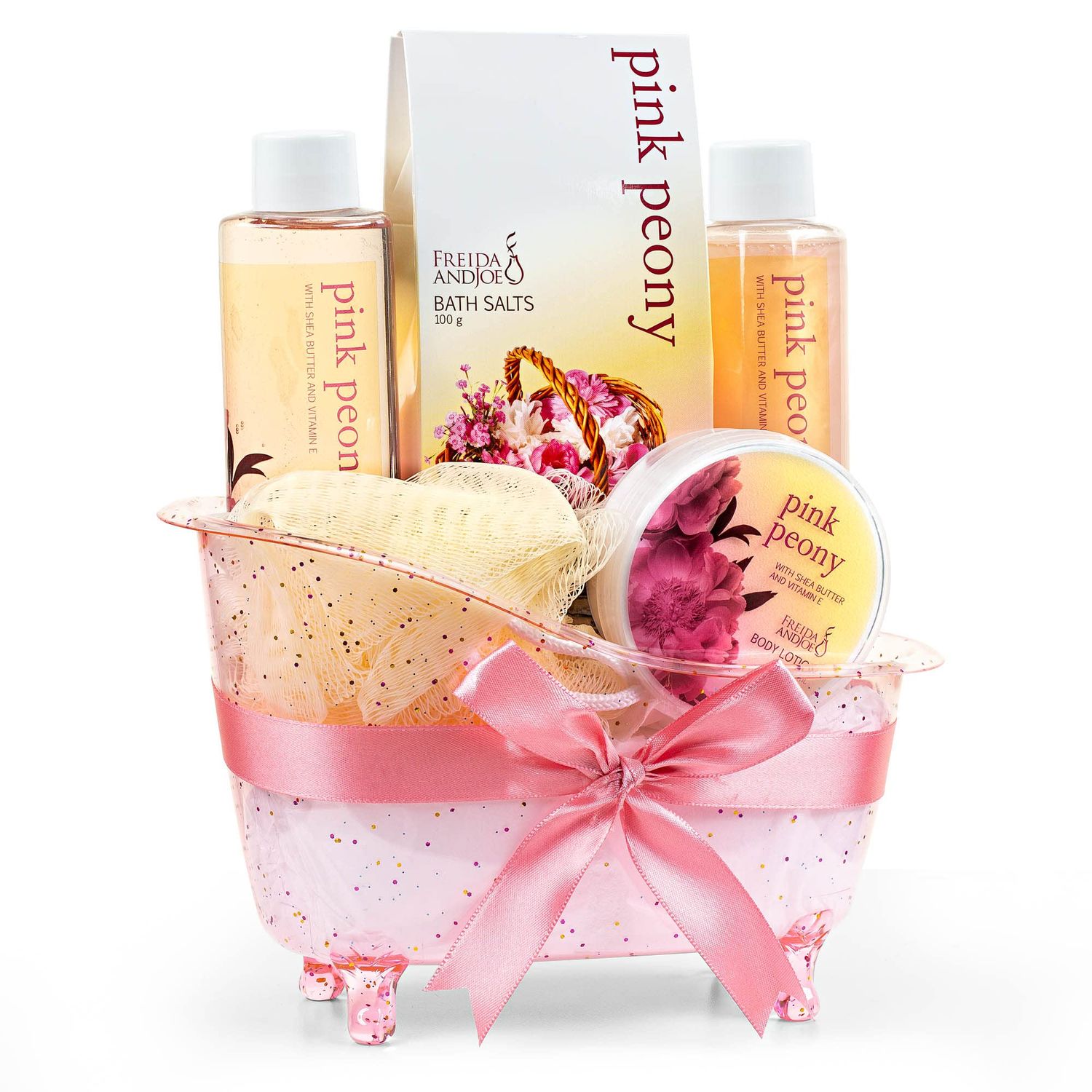 Home Spa Gift Basket Peony Spa Set For Women, Contains Shower Gel, Bubble Bath, Body Lotion, Peony Bath Salt &amp; Puff in a Pink Feminine Tub