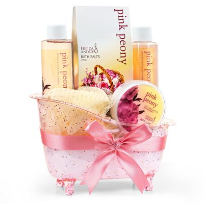 Home Spa Gift Basket Peony Spa Set For Women, Contains Shower Gel, Bubble Bath, Body Lotion, Peony Bath Salt &amp; Puff in a Pink Feminine Tub