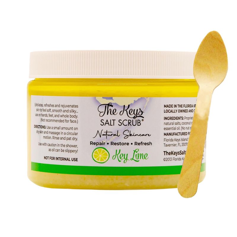 The Keys Sea Salt Scrub-Exfoliating Body Scrub with Wooden Spoon - Organic Florida Key Lime Face, Hand, Foot &amp; Bikini scrub- Aromatherapy Sea Salt Body Exfoliator with Essential Oils (Key Lime, 12 oz)