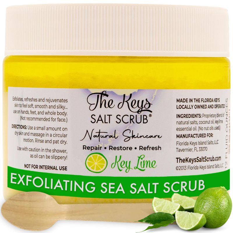 The Keys Sea Salt Scrub-Exfoliating Body Scrub with Wooden Spoon - Organic Florida Key Lime Face, Hand, Foot &amp; Bikini scrub- Aromatherapy Sea Salt Body Exfoliator with Essential Oils (Key Lime, 12 oz)