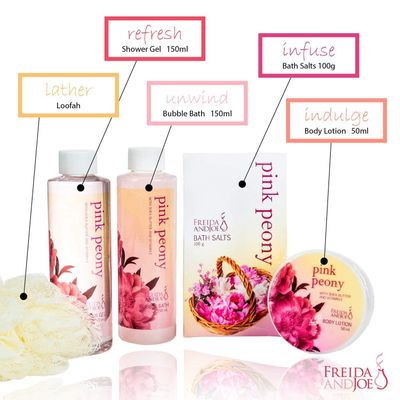Home Spa Gift Basket Peony Spa Set For Women, Contains Shower Gel, Bubble Bath, Body Lotion, Peony Bath Salt &amp; Puff in a Pink Feminine Tub