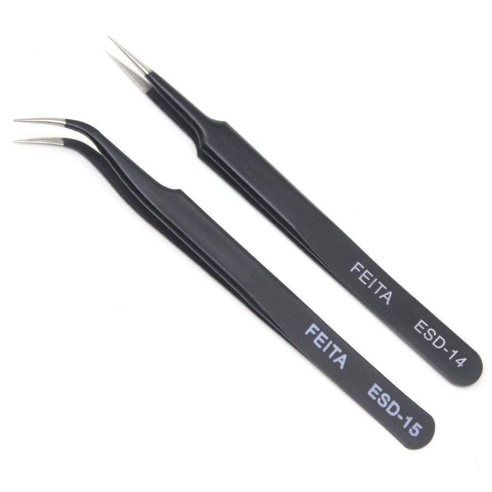 Eyelash Tweezers - FEITA Precision Eyelash Extension Tweezers Set - Professional Straight &amp; Curved Pointed Very Fine Tip Tweezers for Lash Extensions - Black - 2Pcs