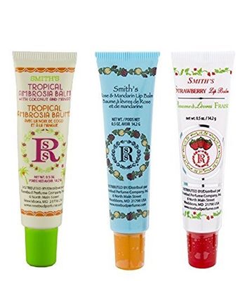 Rosebud Perfume Co. Tube 3 Pack: Tropical Ambrosia Balm, Rose &amp; Mandarin Lip Balm, Strawberry Lip Balm