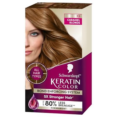 Schwarzkopf Keratin Color Permanent Hair Color, 7.5 Caramel Blonde, 1 Application Professionally Inspired Permanent Hair Dye for up to 80% Less Breakage vs Untreated Hair and up to 100% Gray Coverage