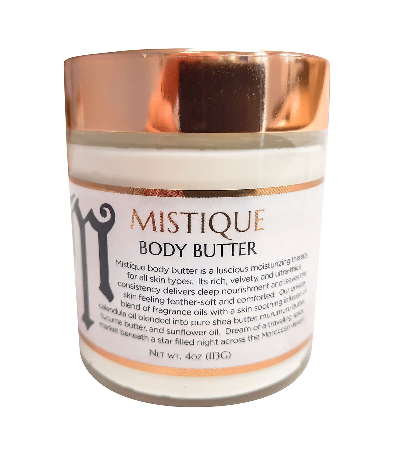 Mistique body butter, sandalwood, patchouli and spices, rich, all over body moisturizer with tucuma butter and deep skin conditioning