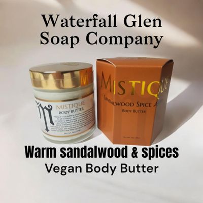 Mistique body butter, sandalwood, patchouli and spices, rich, all over body moisturizer with tucuma butter and deep skin conditioning