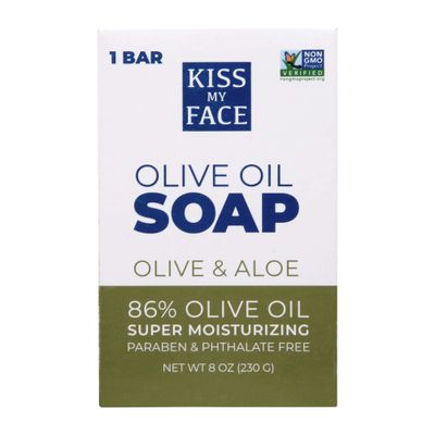 Kiss My Face Pure Olive Oil Soap with Aloe Vera, Moisturizing Bar Soap, 8 oz Bars, Olive &amp; Aloe, 64 Ounce (Pack of 8)