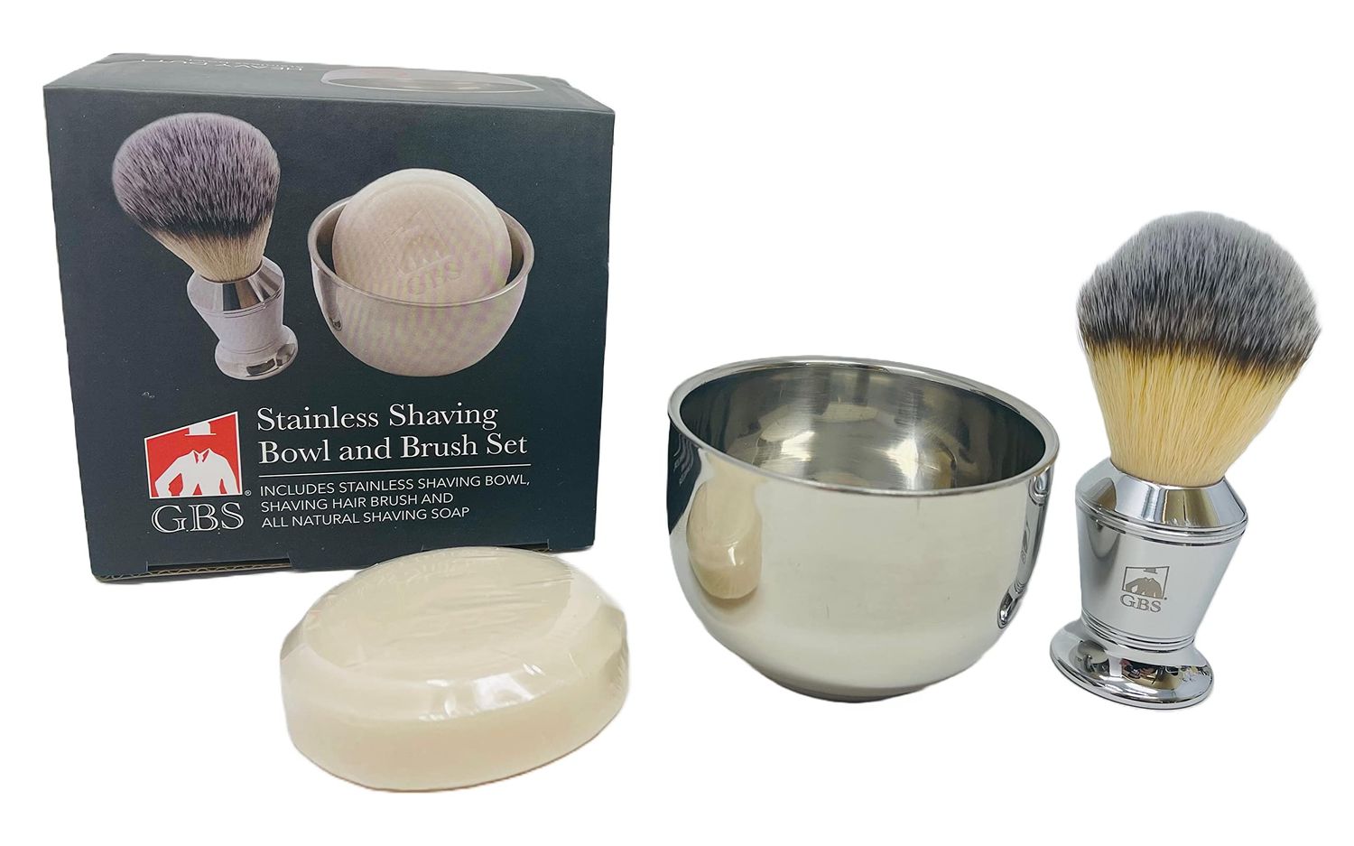 G.B.S Stainless Shaving Soap Bowl, Synthetic Stainless Brush, Luxurious Classy Modern Finish, 3 Pieces