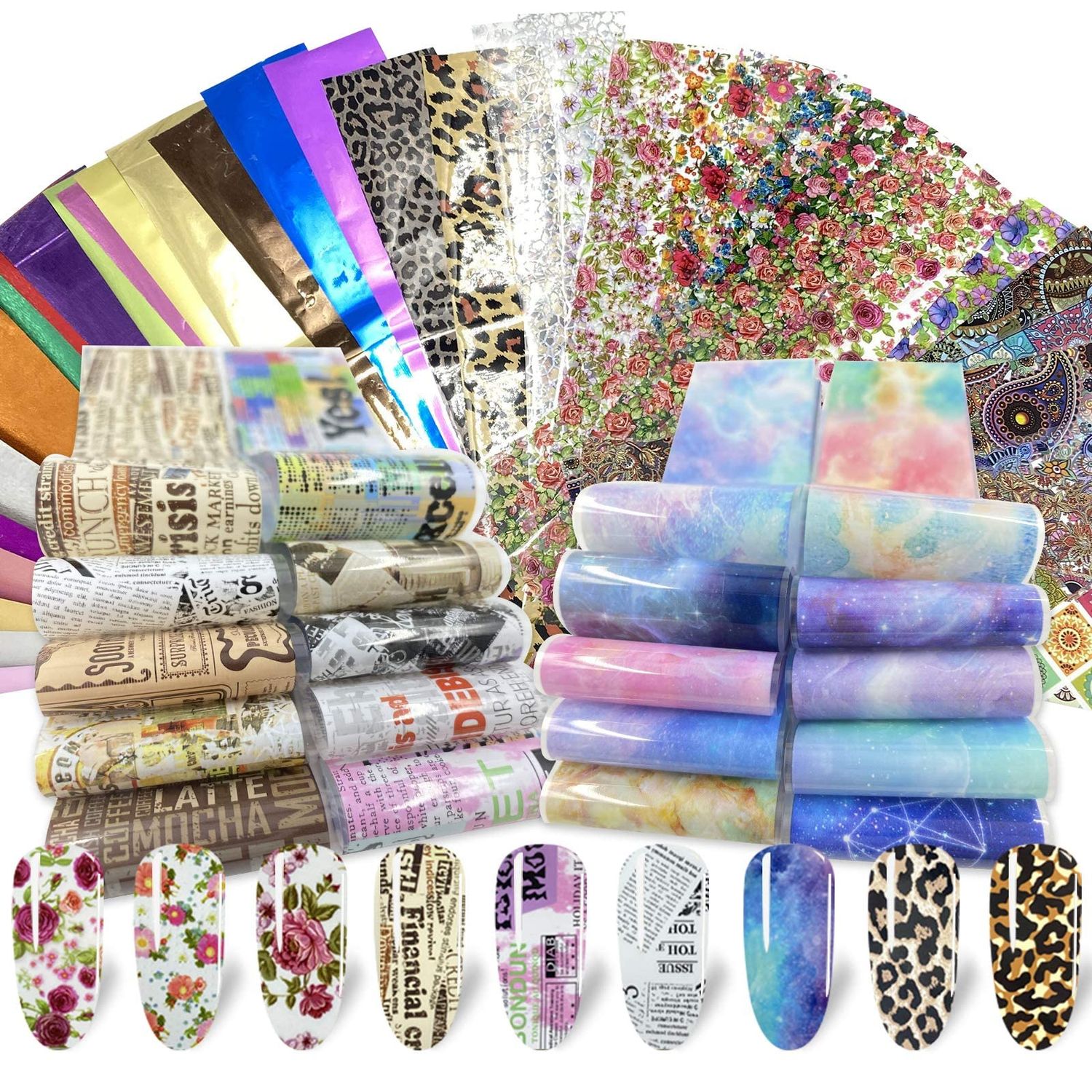 100 Sheets Nail Foil Transfer Sticker Kit, Bagvhandbagro Nail Art Decals Nail Foil Tips Starry Sky Laser Flower Leopard Print Transfer Foils Stickers DIY Nail Art Decorations Nail Supplies Nail Design