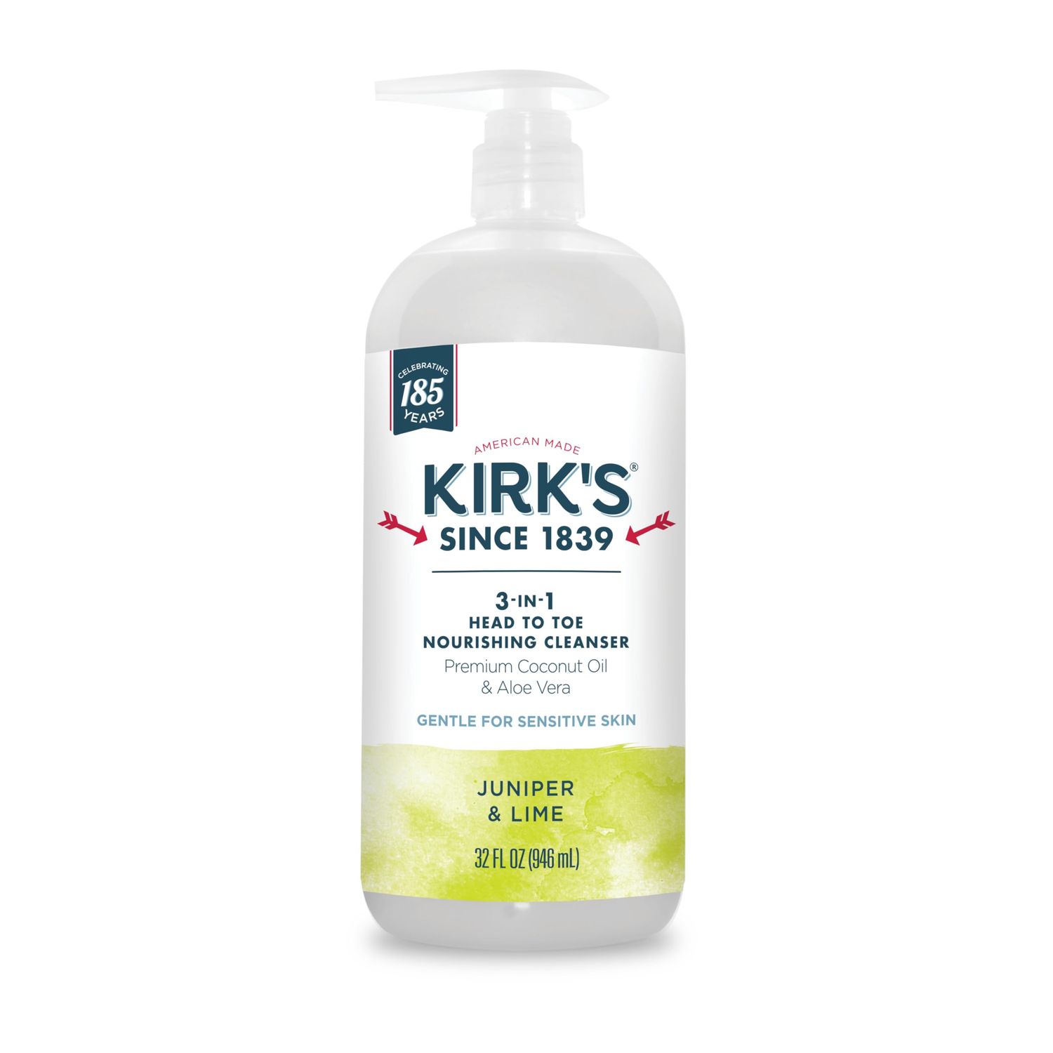Kirk&#39;s 3-in-1 Head to Toe Nourishing Liquid Cleanser- for Men, Women &amp; Children - Premium Coconut Oil &amp; Aloe Vera- Non GMO &amp; Vegan -Juniper &amp; Lime - 32 Fl Oz