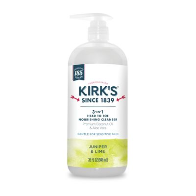 Kirk&#39;s 3-in-1 Head to Toe Nourishing Liquid Cleanser- for Men, Women &amp; Children - Premium Coconut Oil &amp; Aloe Vera- Non GMO &amp; Vegan -Juniper &amp; Lime - 32 Fl Oz