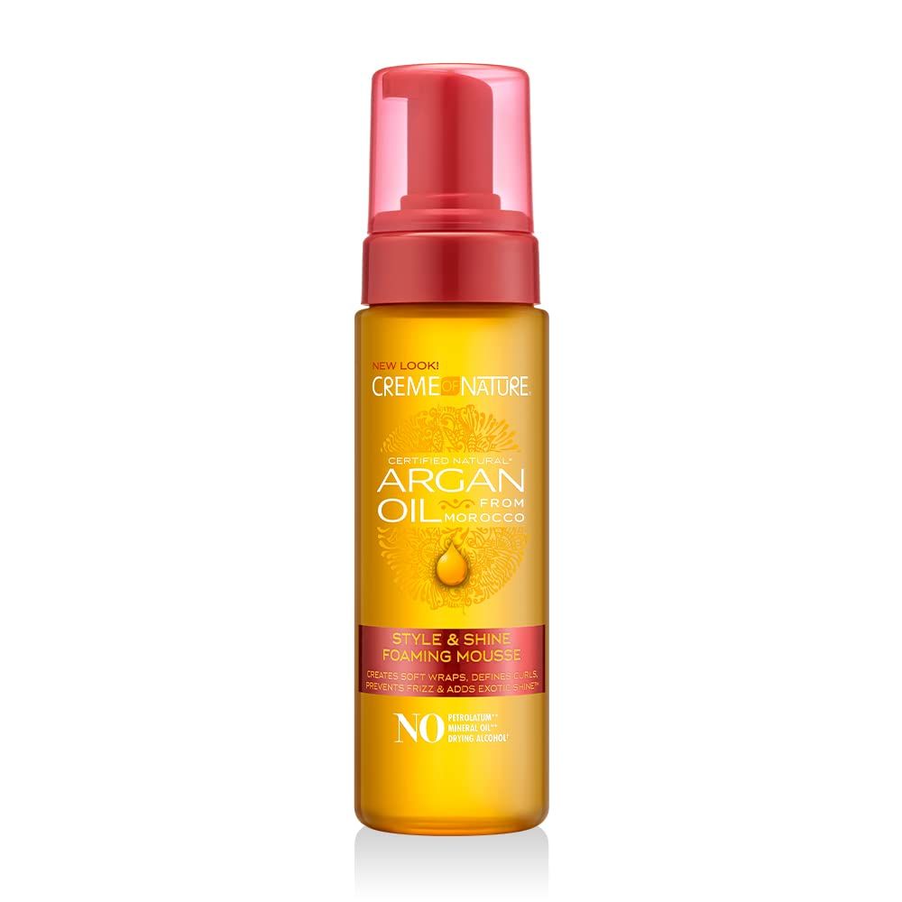 Creme of Nature Argan Oil Foaming Mousse, Style &amp; Shine, Creates Soft Wraps, Defines Curls, Prevents Frizz &amp; Adds Exotic Shine, 7 Fl Oz