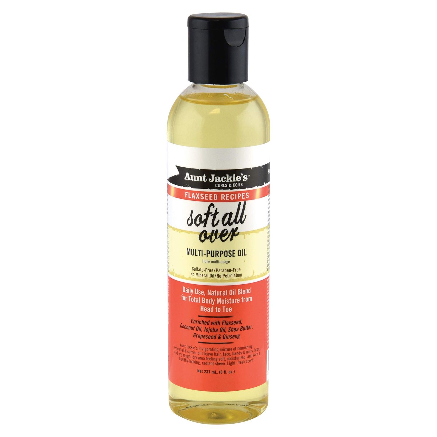 Aunt Jackie&#39;s Flaxseed Recipes Soft All Over, Multi-Use Oil for Hair and Body, Enriched with Flaxseed, Avocado, Coconut Oil and Marshmallow Root, Bottle 8 Fl Oz
