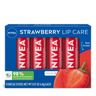 NIVEA Strawberry Lip Care, Tinted Lip Balm Pack with Shea Butter, Nourishing Oils and Vitamin C &amp; E, 3-in-1 Moisture, Repair (for Dry Lips) and Color, 0.17 Oz Stick, Pack of 4