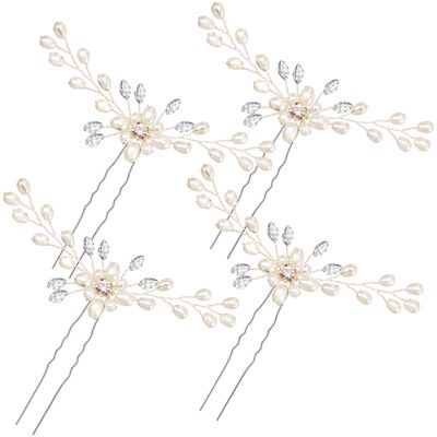 Syhood 4 Pcs Pearl Crystal Bridal Hair Pins Silver Wedding Hair Pins Rhinestone Flower Bridal Hair Accessories Vintage Headpiece for Women Bride Bridesmaids