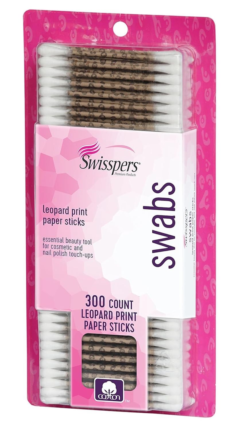 Swisspers Premium Leopard Paper Swabs - 300 Count (Pack of 1) - Fun and Stylish Cotton Swabs with Leopard Print Design - 100% Cotton Tips for Beauty and Personal Care