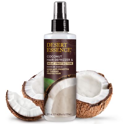 Desert Essence Coconut Hair Defrizzer &amp; Heat Protector 8 fl oz - Gluten Free, Vegan, Cruelty Free - Coconut Oil &amp; Jojoba Seed Extract - Protects Hair from Heat &amp; Styling Damage