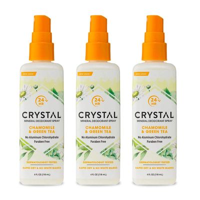 Crystal Deodorant Essence Spray 4 Ounce Chamomile/Green Tea, All Over Body Deodorant, (118ml) (3 Pack)