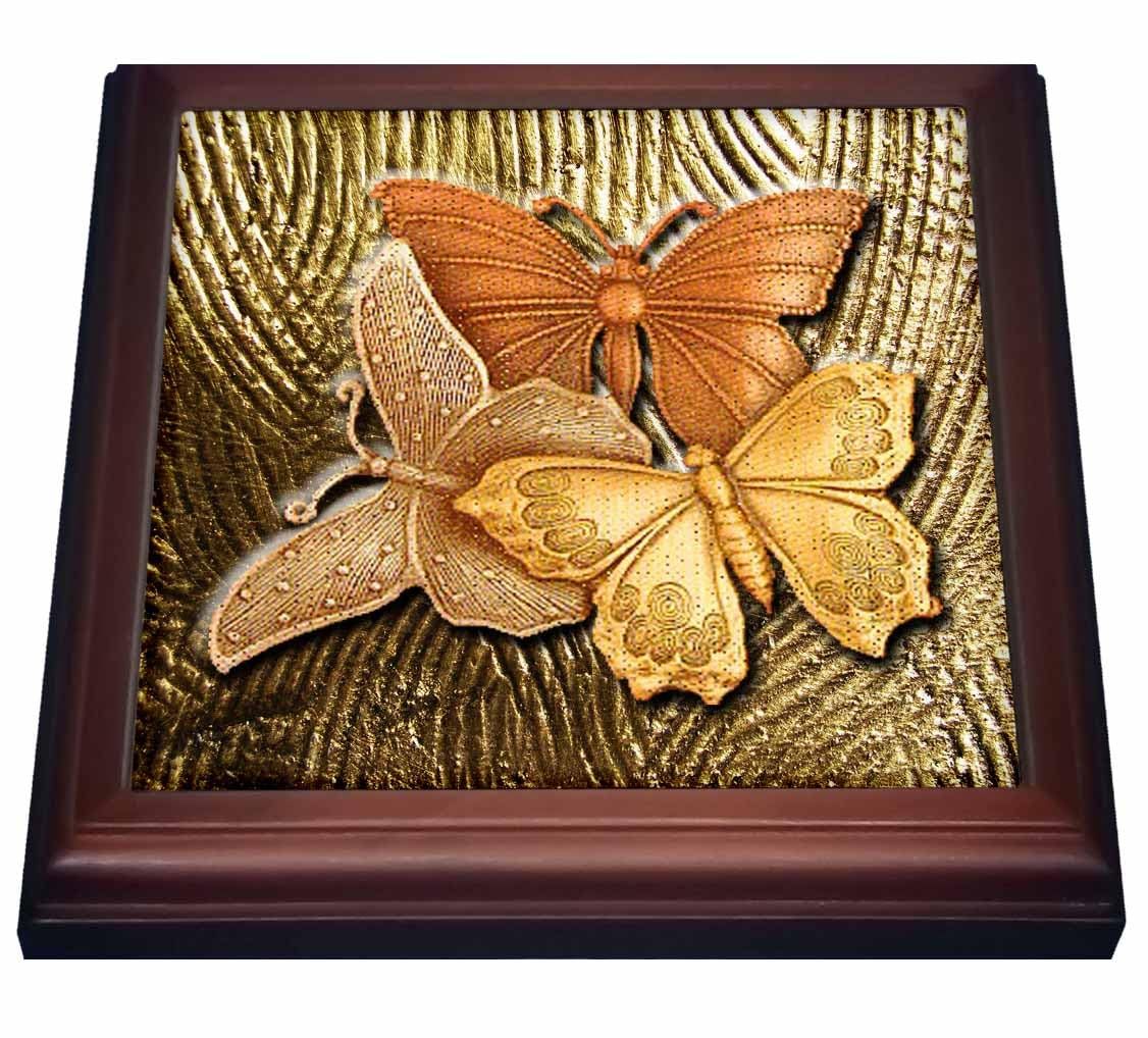 3dRose Gold Embossed Background with Accents and Three Beautiful Butterflies Trivet with Ceramic Tile, 8 by 8&quot;, Brown