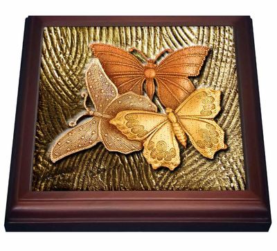 3dRose Gold Embossed Background with Accents and Three Beautiful Butterflies Trivet with Ceramic Tile, 8 by 8&quot;, Brown
